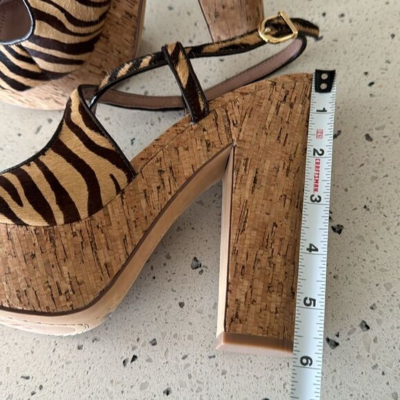 Vince Camuto VC-Deville Tan/Brown Leather Zebra Print Cork Platform Sandals Sz 9 - Picture 6 of 12